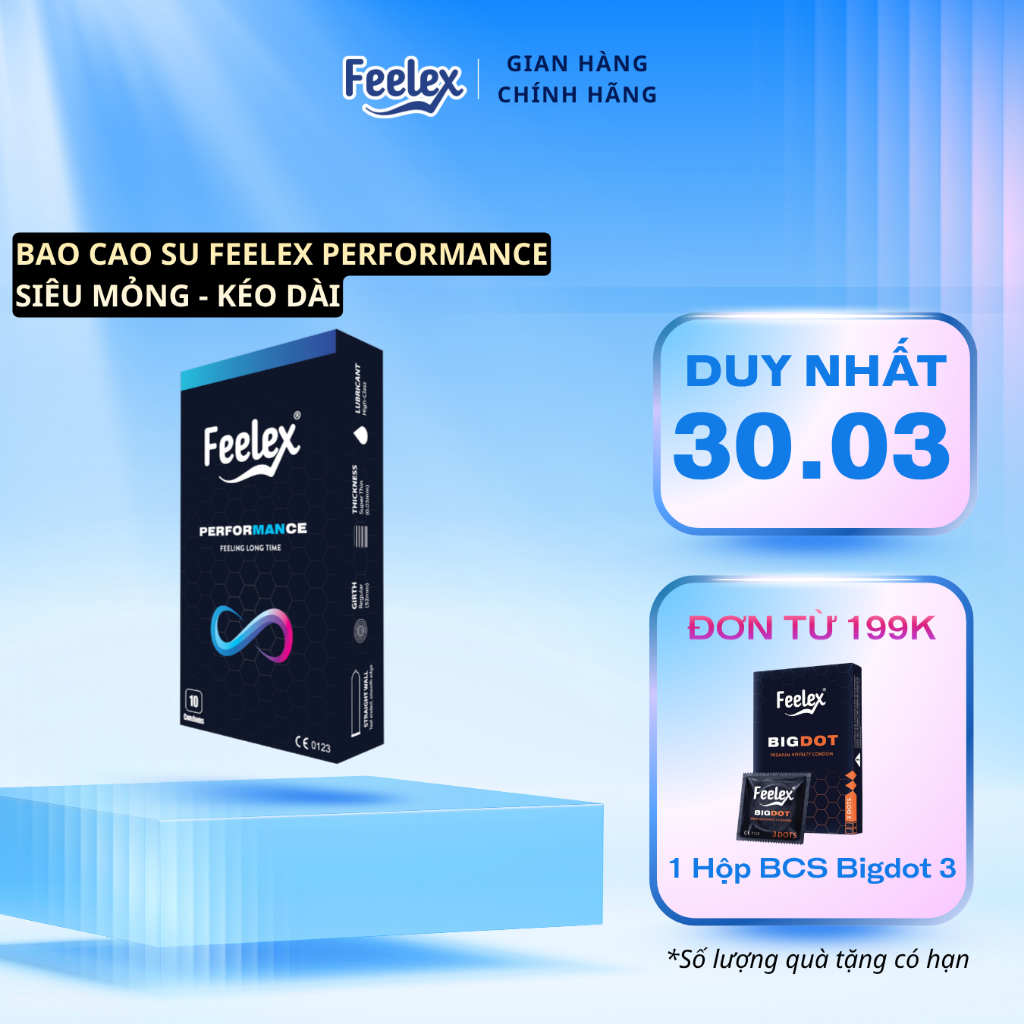 Bao cao su Feelex kéo dài thời gian, siêu mỏng, gân gai, nhiều gel bôi trơn - Hộp 10 bcs