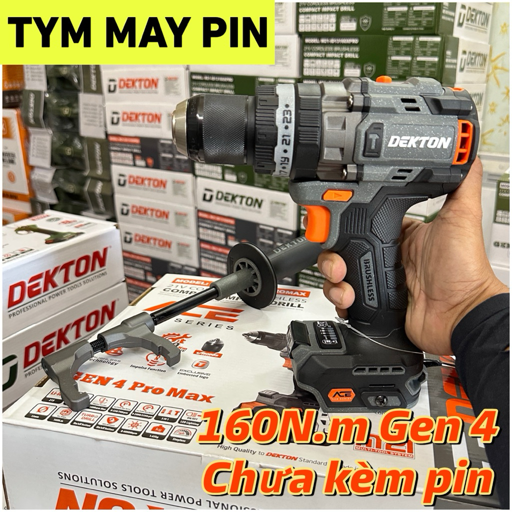 Máy khoan cầm tay hoạt động bằng pin, hiệu DEKTON, model M21-ID13160PROMAX, màu xám