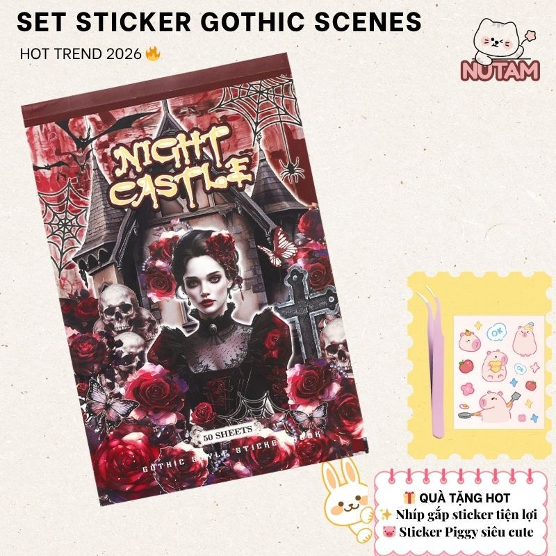 Sổ Sticker Gothic Night Castle 50 Tờ + Tặng Ngay Nhíp Gắp Tiện Lợi Dark & Sticker Piggy