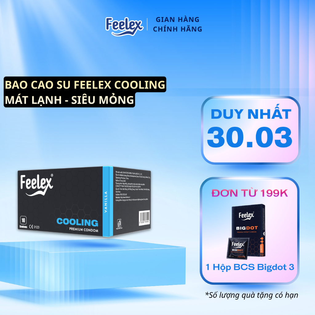 Bao cao su Feelex Cooling siêu mỏng, mát lạnh - hộp 10 bcs