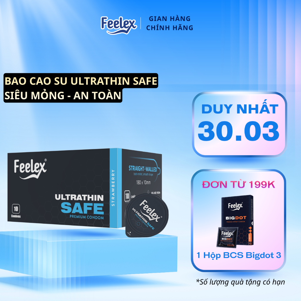 Bao cao su Feelex Ultrathin Safe siêu mỏng, nhiều gel bôi trơn, hỗ trợ phòng tránh thai - Hộp 10 bcs