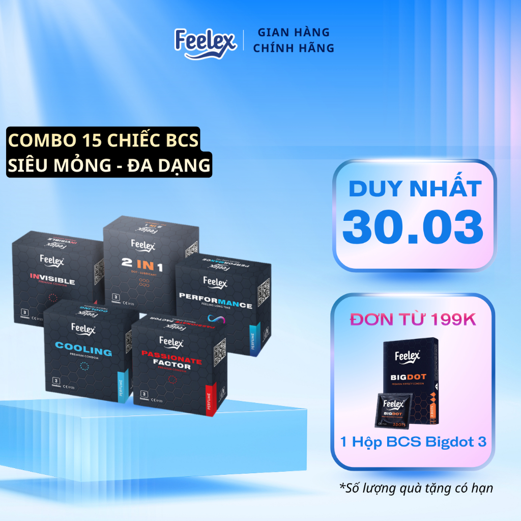 Combo 5 hộp bao cao su Feelex siêu mỏng, nhiều gel bôi trơn - 15 chiếc bcs