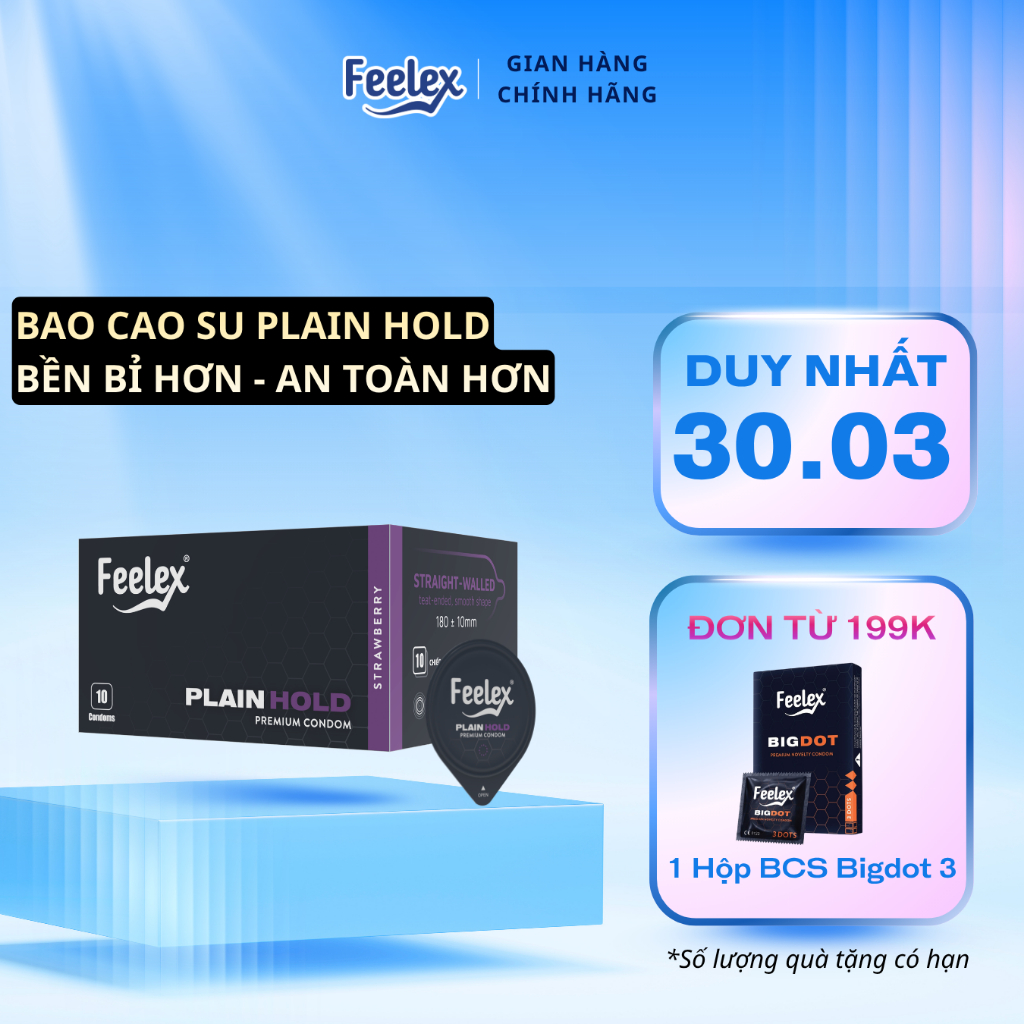 Bao cao su Feelex Plain Hold an toàn, bền bỉ, nhiều gel bôi trơn, hương dâu - hộp 10 bcs