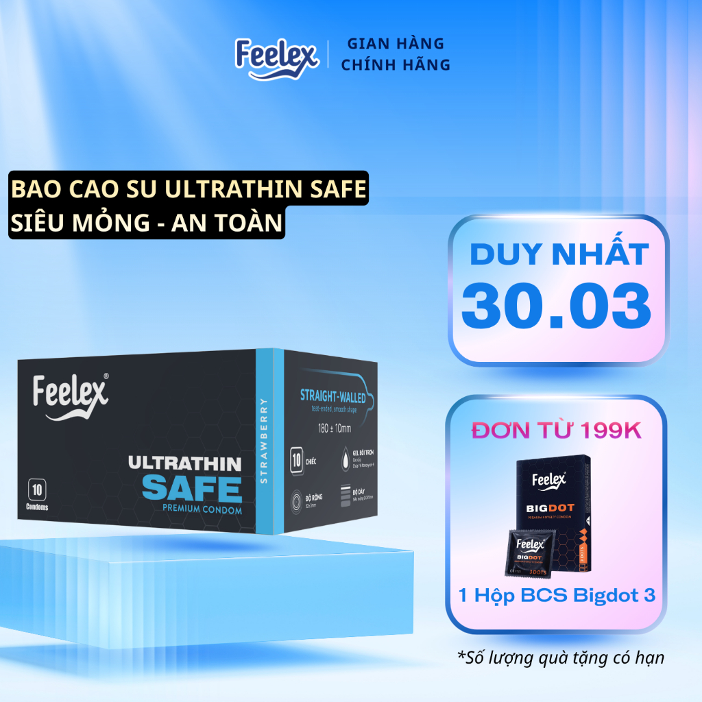 Bao cao su Feelex Ultrathin Safe siêu mỏng, nhiều gel bôi trơn - Hộp 10 bcs