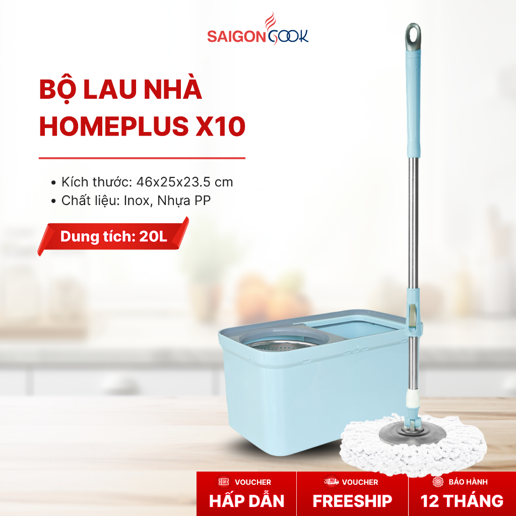 [Tặng 1 bông lau] Bộ lau nhà Homeplus X10 SAIGONCOOK, Lồng vắt và cây lau inox, dung tích 17L
