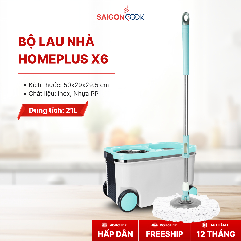 [Tặng 1 bông lau] Bộ Lau Nhà HomePlus X6 Saigoncook mâm inox, dung tích 21L,bánh xe to dễ di chuyển