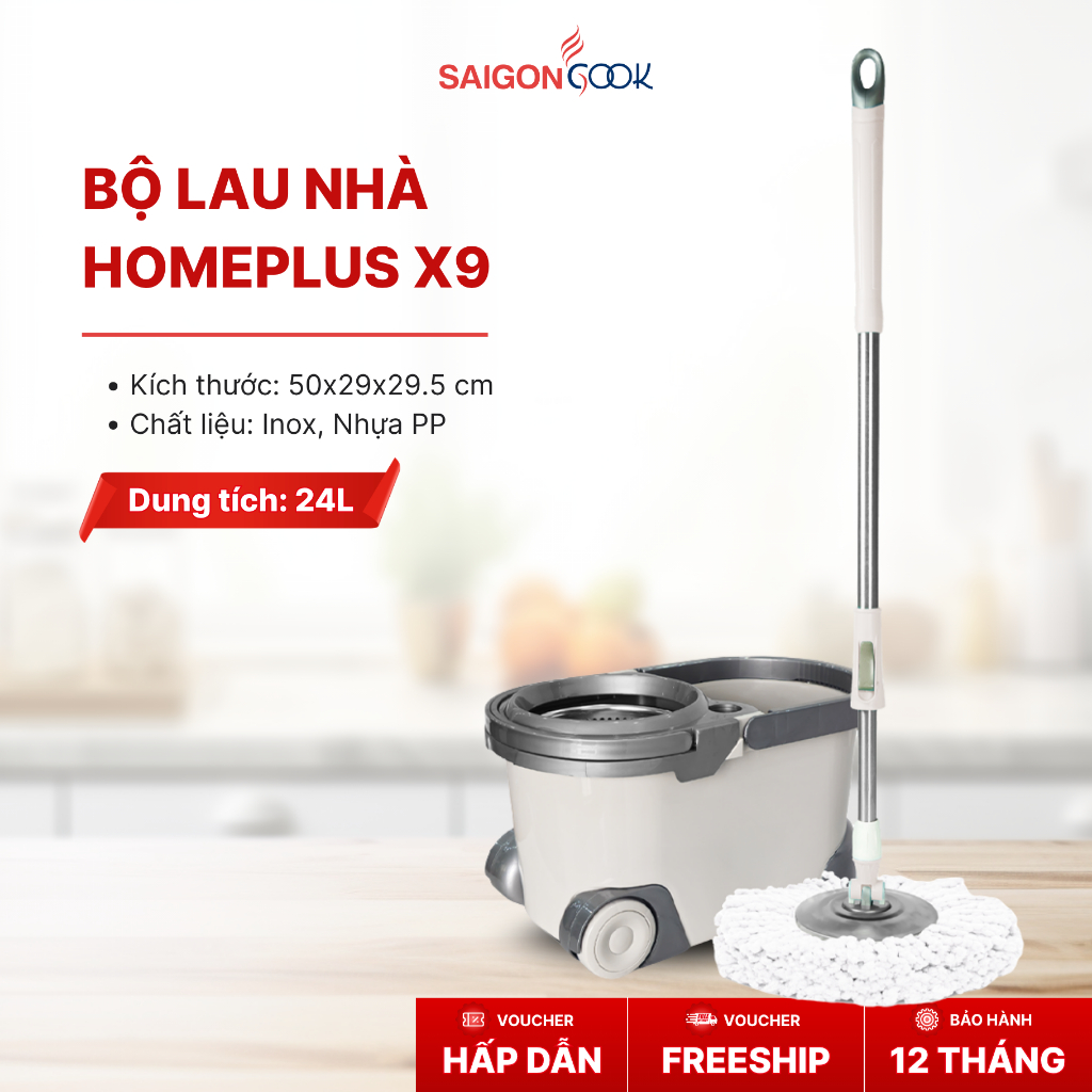 [Tặng 1 bông] Bộ lau nhà Homeplus X9 Saigoncook dung tích 24l, lồng vắt inox, mâm inox, xoay 360 độ