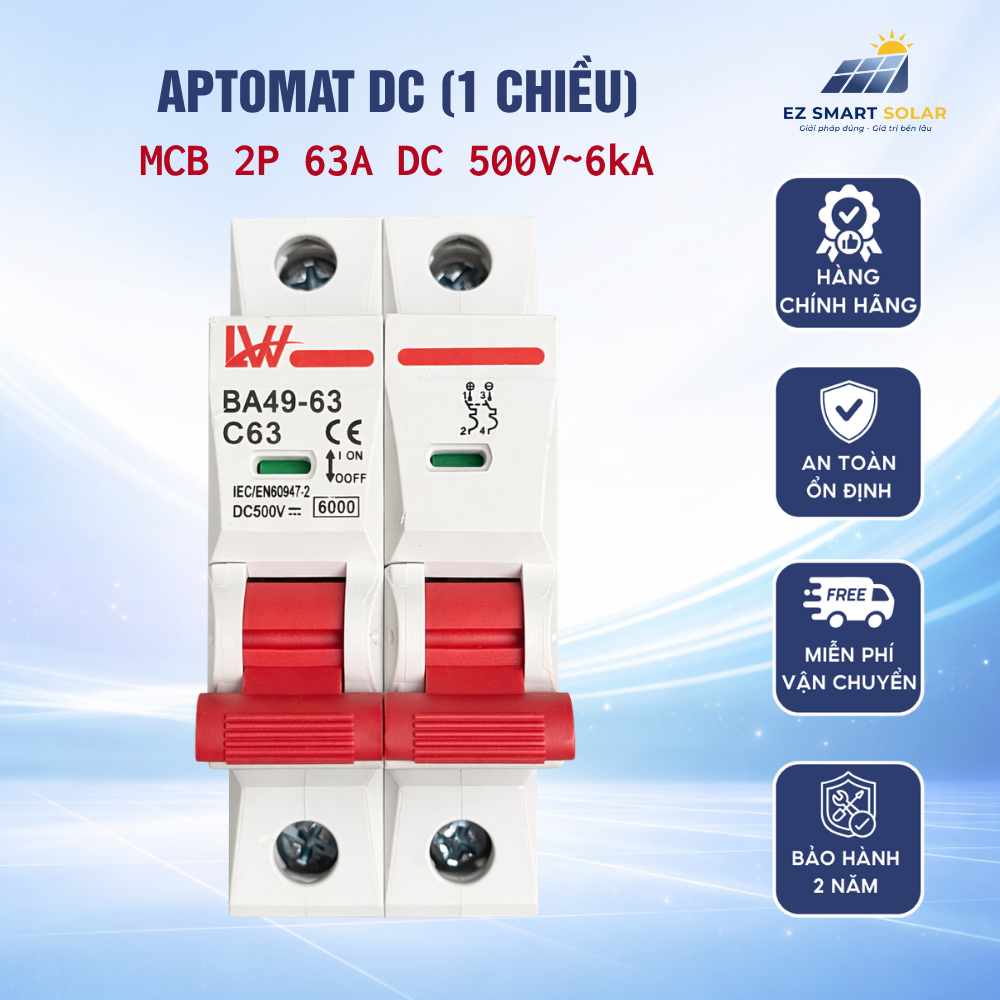 Aptomat DC 63A 500V 2P LW BA49-63 – cb dùng cho inverter, pin năng lượng | C242