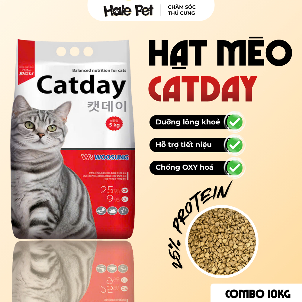 [COMBO 10KG] Hạt cho mèo CATDAY 25% đạm - Yucca khử mùi, hồng sâm tăng đề kháng, hỗ trợ tiêu hoá