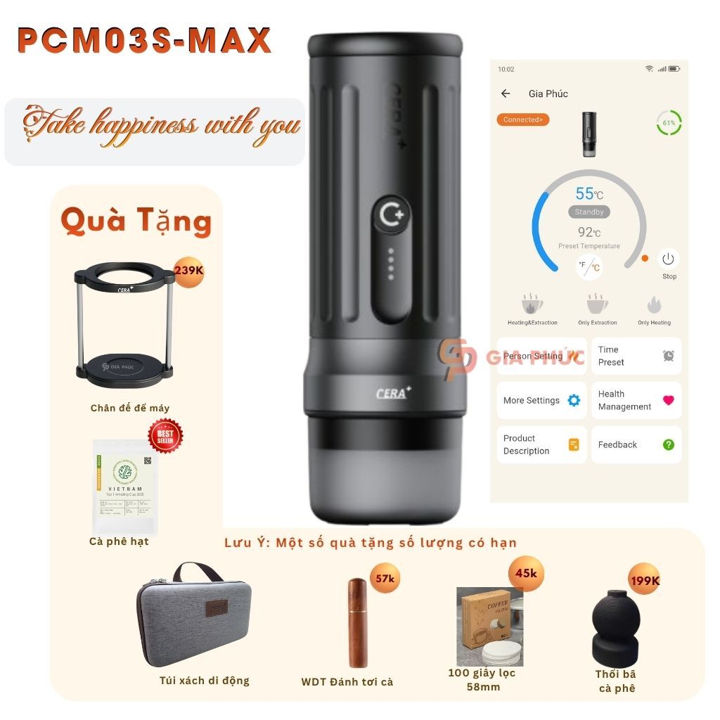 Máy Pha cà phê CERA+ PCM03S-Max | Kết Nối app điện thoai | Rổ  58mm | 20bar | Pin 13,500mAh| Sạc Nha