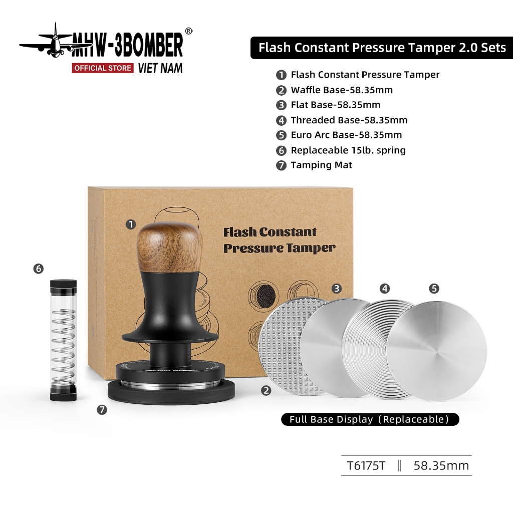 Tamper Trợ Lực Flash 58mm MHW-3BOMBER | 30lbs, Bộ Đa Đế Nén
