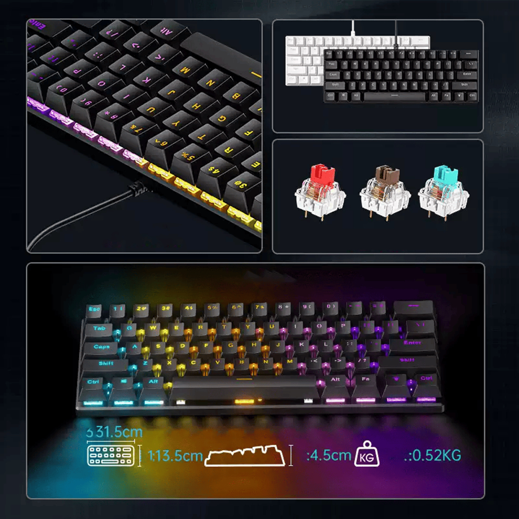 Bàn Phím Cơ G61 1 Mode Có Dây Type-C, 61 Phím Red Switch, Bàn Phím Gaming LED RGB, Gõ Êm, Nhỏ Gọn | BigBuy360 - bigbuy360.vn