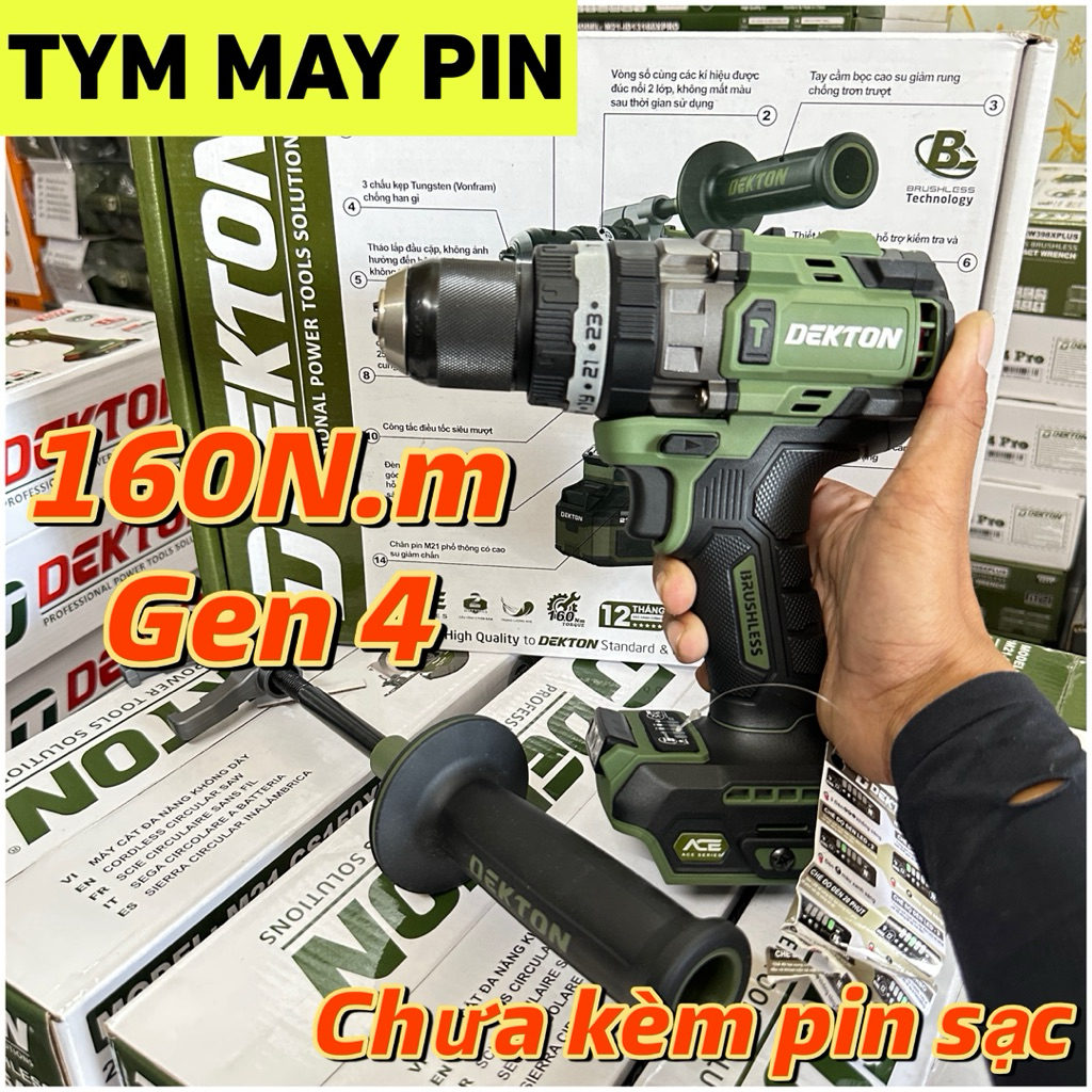 Máy khoan cầm tay hoạt động bằng pin, hiệu DEKTON, model M21-ID13160PROMAX, màu xanh ôliu