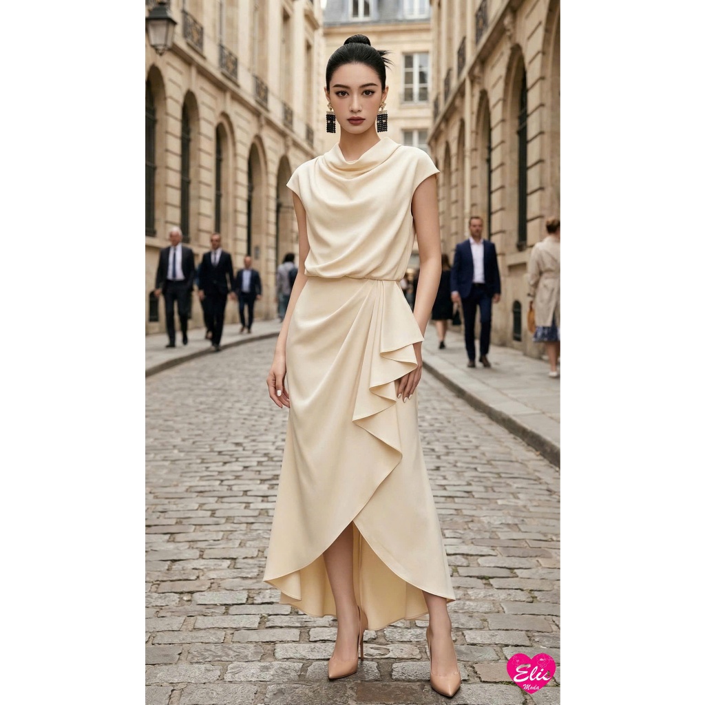 Đầm dự tiệc thiết kế xếp ly cao cấp 𝐂𝐫𝐞𝐚𝐦 𝐄𝐦𝐢𝐞 𝐃𝐫𝐞𝐬𝐬