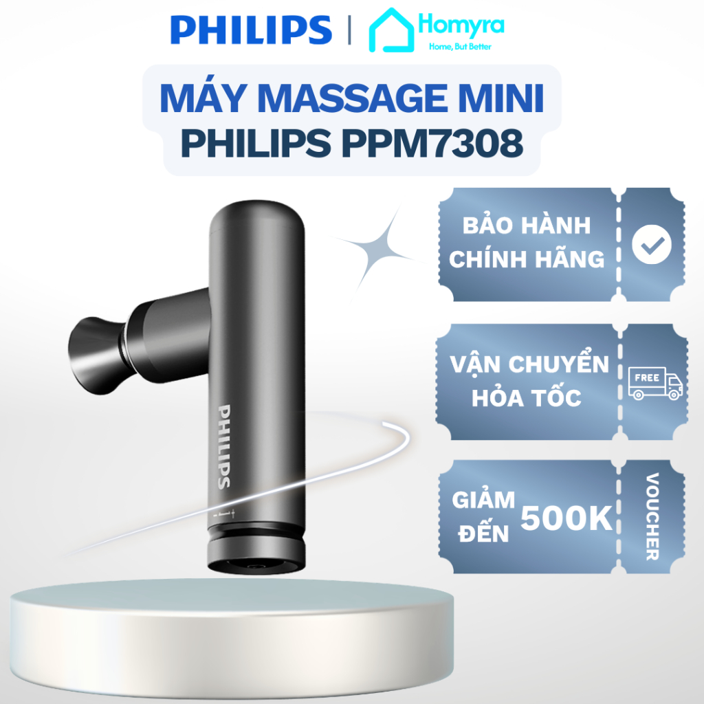 Máy Massage Cầm Tay Philips PPM7308 Mini 4 Đầu, 5 Cấp Độ, 3200 Vòng/Phút, Pin 1500mAh, Nhỏ Gọn