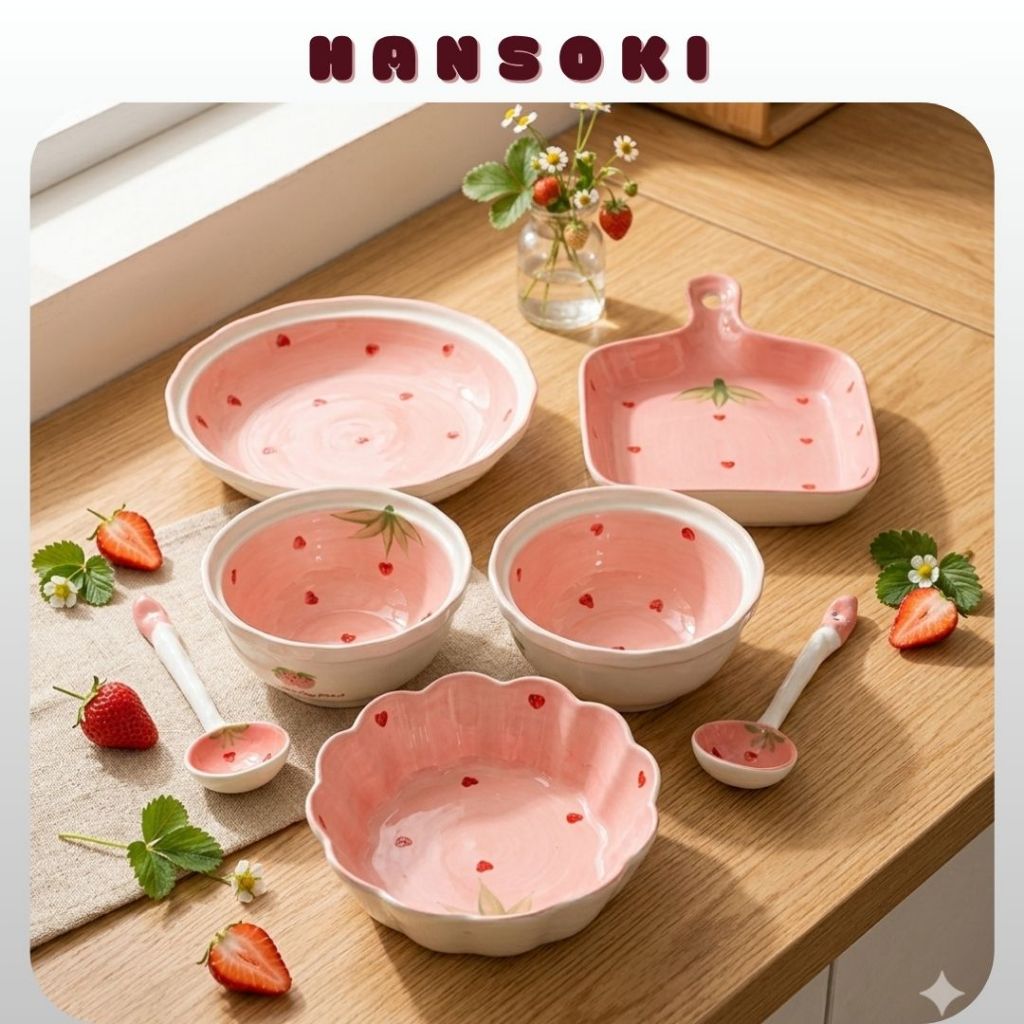 HAMBAS Bát Đĩa Dâu Tây, Bộ Chén Dĩa Decor, Bát Ăn Cơm, Chén Sứ Đẹp Dễ Thương