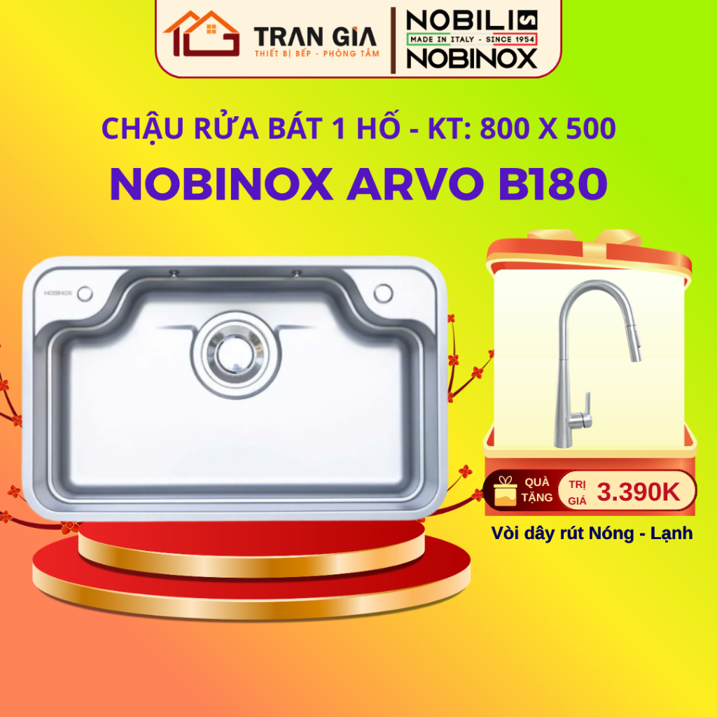 CHẬU RỬA BÁT NOBINOX ARVO B180 | Nobinox B180 | CHẬU RỬA 1 HỐ | HÀNG CHÍNH HÃNG