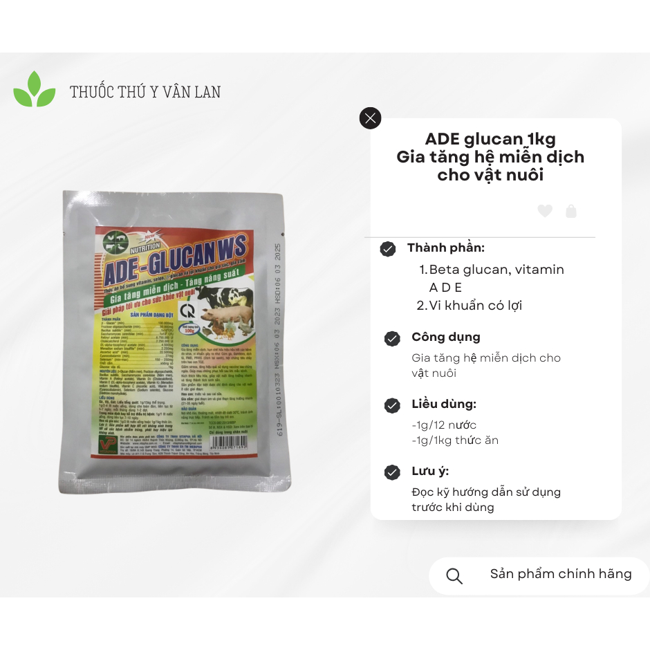 Thú y, ADE glucan 100g, bổ sung glucan, selen, vitamin, lợi khuẩn cho chó, mèo, lợn, gà, trâu, bò,..