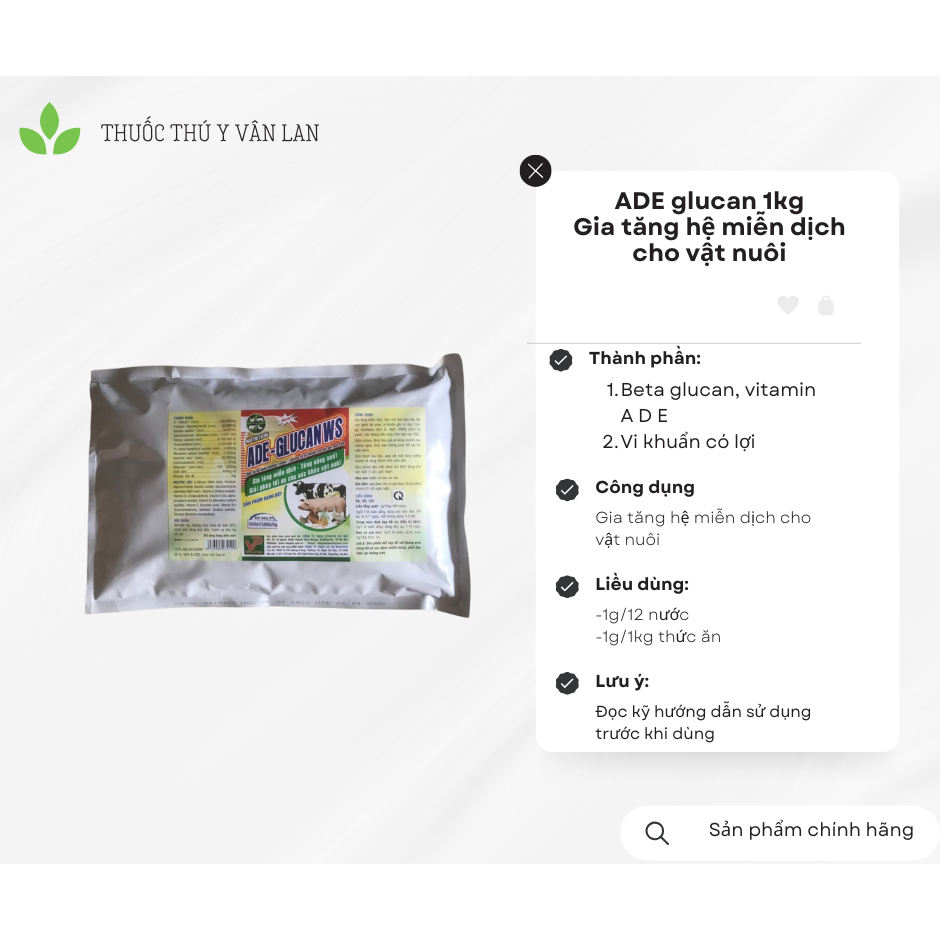 Thú y, ADE glucan 1kg, bổ sung glucan, selen, vitamin, lợi khuẩn cho chó, mèo, lợn, gà, trâu, bò,...