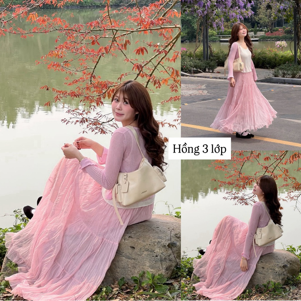 [SẴN ĐỦ MÀU] Chân váy dài  90cm dáng xoè chất VOAN NHĂN 3 tầng cạp chun co giãn “TIARA” | BigBuy360 - bigbuy360.vn