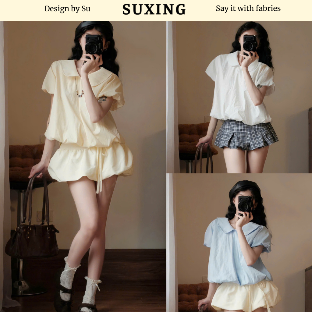 {BST Back to School} Áo sơ mi ngắn tay cổ sen chất liệu gió mềm bồng bềnh - Suxing - S243