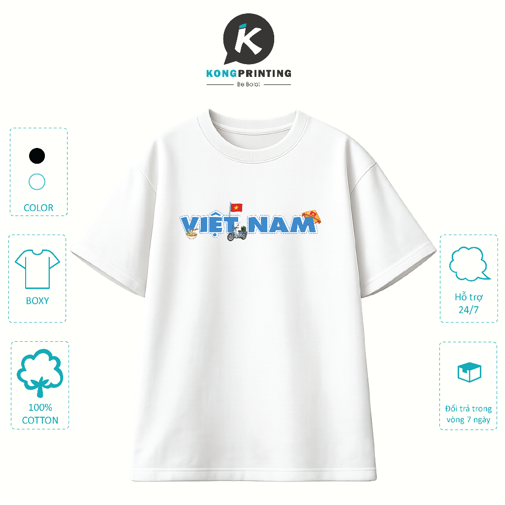 [Cotton cao cấp] Áo Thun Yêu nước Việt Nam, Oversize Unisex 100% Cotton Việt Nam | Kong Printing