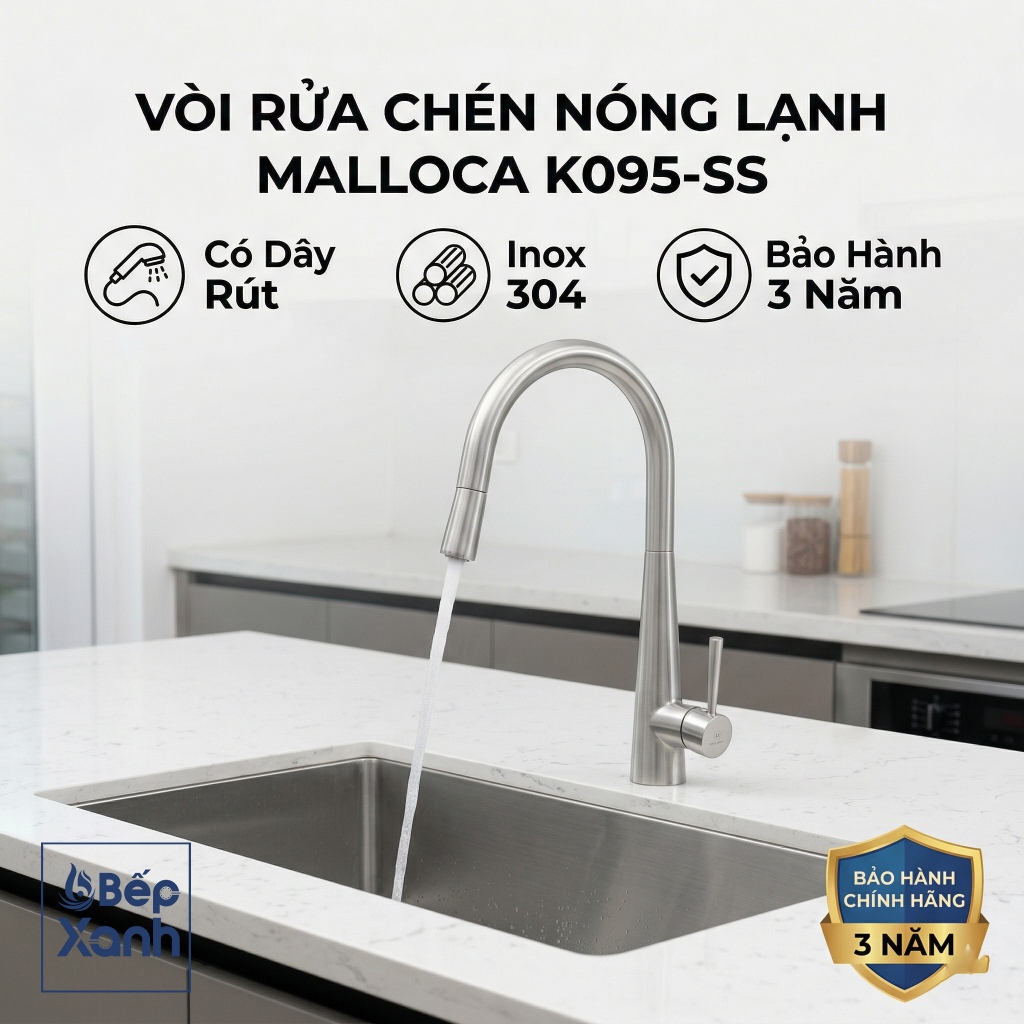 Vòi rửa chén Nóng Lạnh Malloca K095-SS - Có Dây Rút - Inox 304 - Bảo Hành 3 Năm