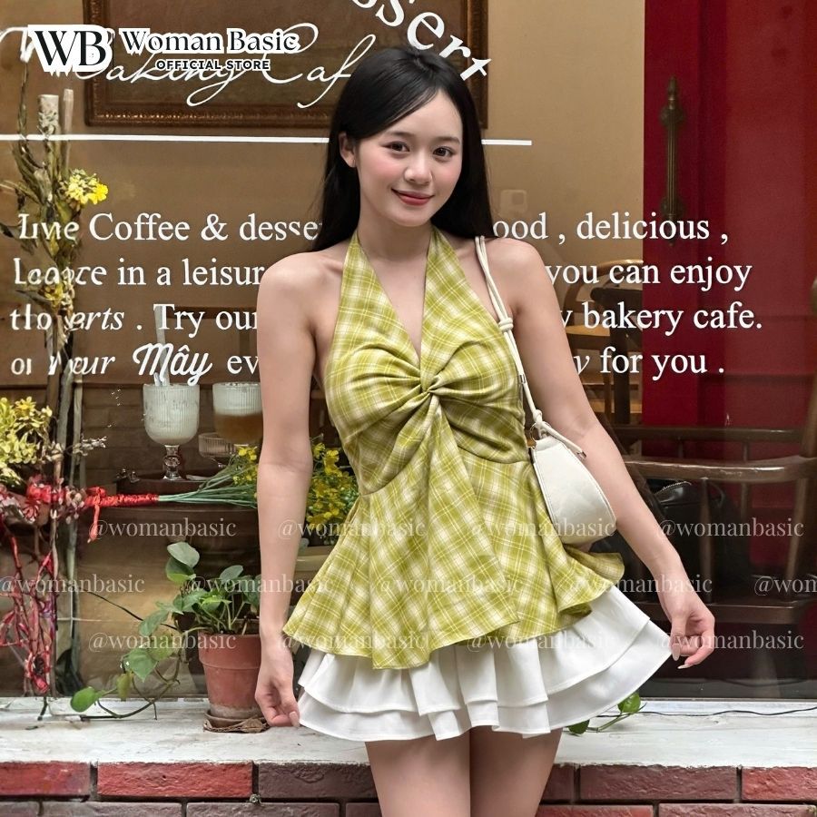 Áo yếm nữ WOMAN BASIC xoắn ngực lưng chun họa tiết kẻ caro co dãn CÓ MÚT chất thô cotton caro AY11 | BigBuy360 - bigbuy360.vn