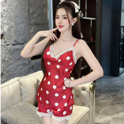HISEXY Đồ Bộ Ngủ Chấm Bi Có Mút Ngực Quần Cộc Lụa Satin Có Mút Ngực MS38