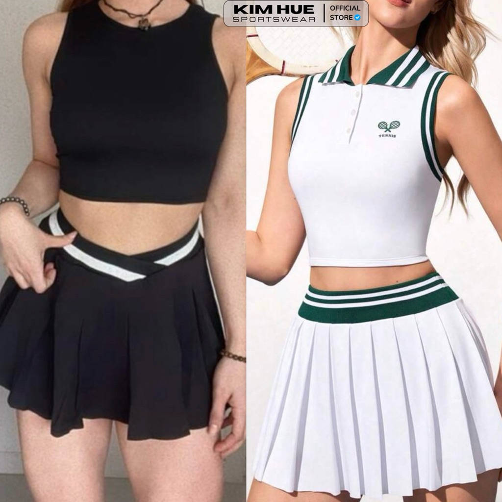 Sét áo sát nách + CV xếp ly cạp chéo viền trắng - Set áo polo SN trắng logo vợt viền xanh lá+ CV xếp