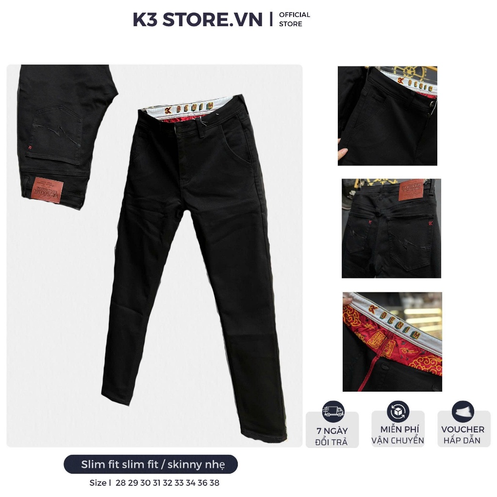 [K3 STORE VN]  Quần Jean Nam Dài J4074-3K1611  Màu Đen Én Tết Chất Denim Mẫu Mới Chi Tiết Như Hình