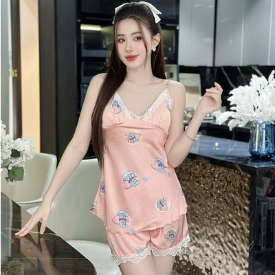 Đồ Bộ Mặc Nhà Hai Dây Quần Đùi Lụa Hàn In Họa Tiết Voi Hisexy MS36