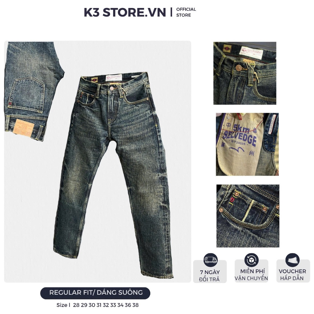 [K3 STORE VN]  Quần Jean Guangzhou Nam Dài J3910-8023  Màu Xanh Was Phủ Đồng 5KM Selvedge Denim