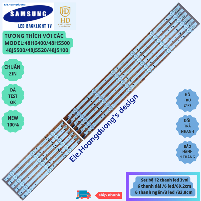 Thanh LED Tivi Samsung 48J5500 48J5520 48J5100 48H5500 48H6400(Set 1 bộ 12 Thanh LED - Lưng Đồng -lo
