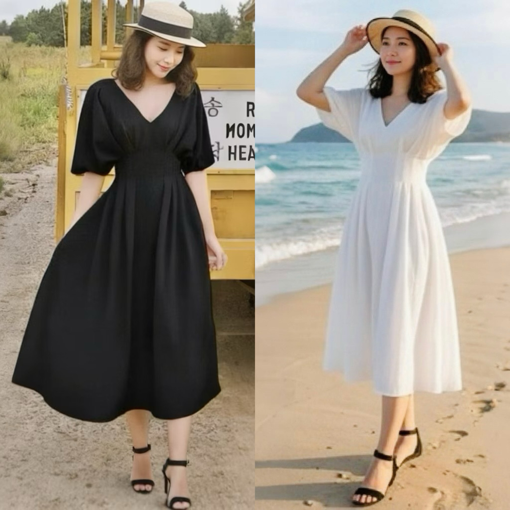 Đầm midi tay cánh dơi xếp li 2 màu (kèm hình thật)