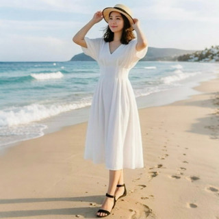 Đầm midi tay cánh dơi xếp li 2 màu (kèm hình thật)
