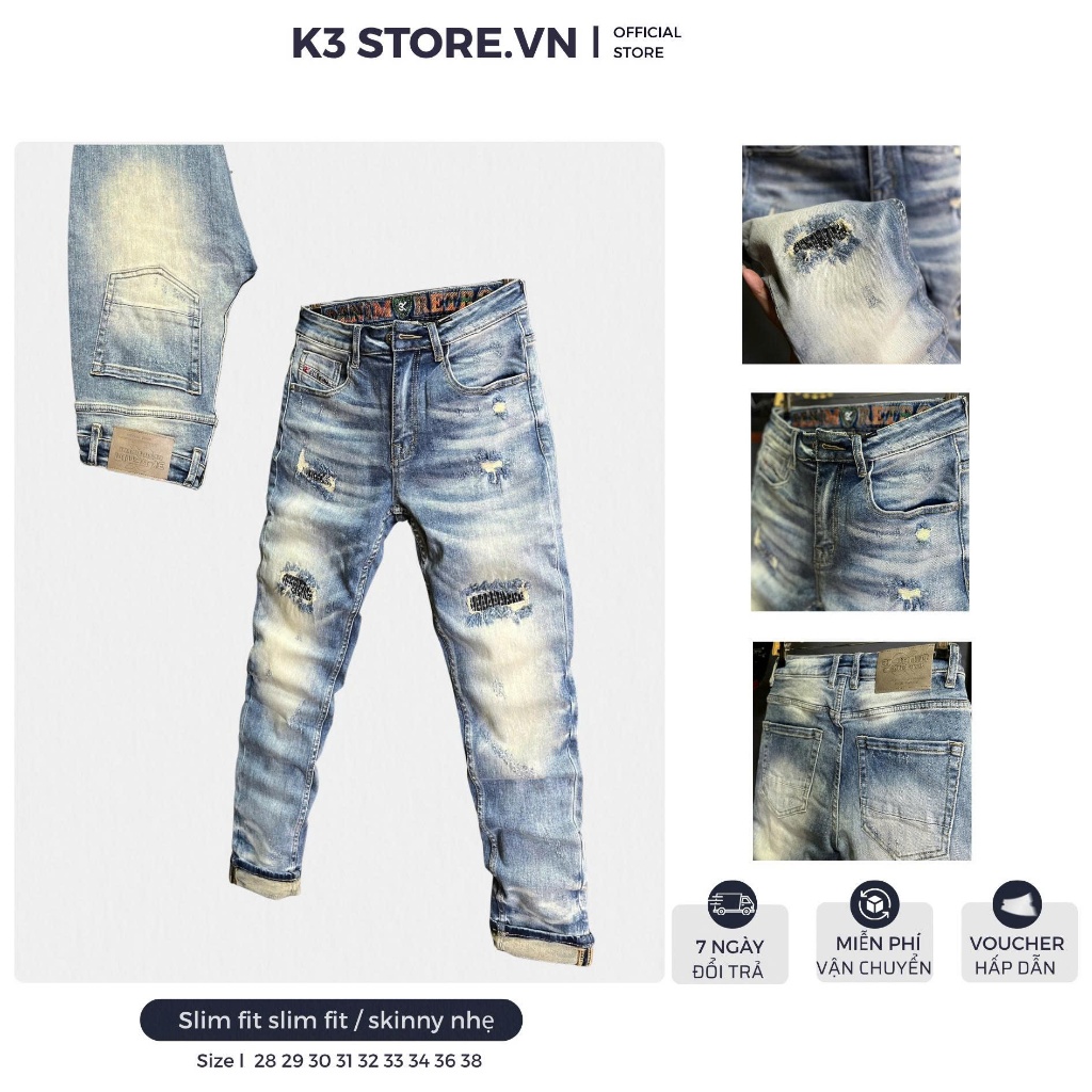 [K3 STORE VN] Quần Jean Nam Dài J4017-3K1948 Màu Xanh Was Rách Lưng Thêu Mẫu Mới Chi Tiết Như Hình