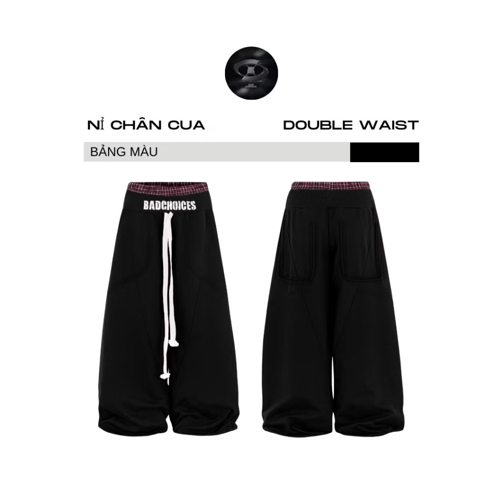[PASS] Quần nỉ ống rộng đai đỏ phối dây rút Bad Choices