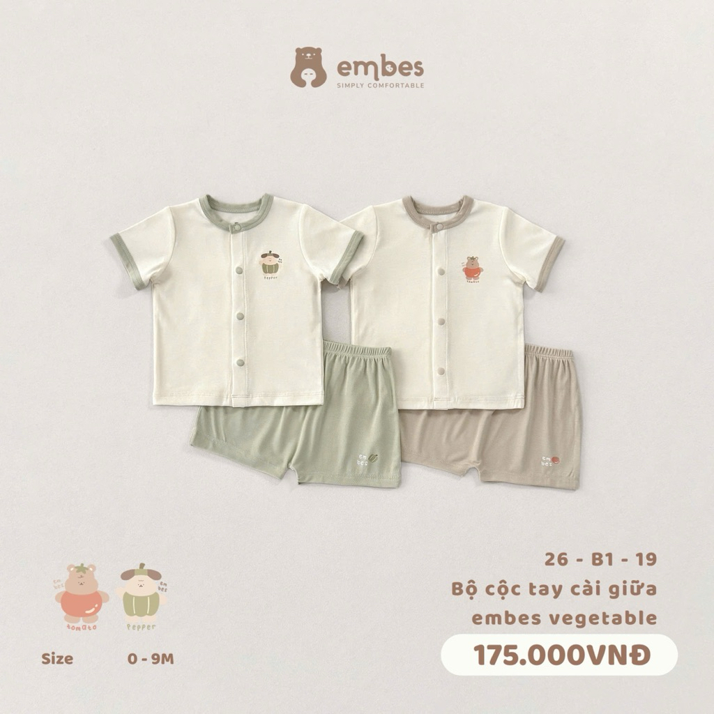[EMBES] Bộ Sơ Sinh Embes, Bộ Cộc Tay Cài Giữa In Họa Tiết Chất Cotton Mềm Mát Cho Bé Sơ Sinh Từ 0-9 