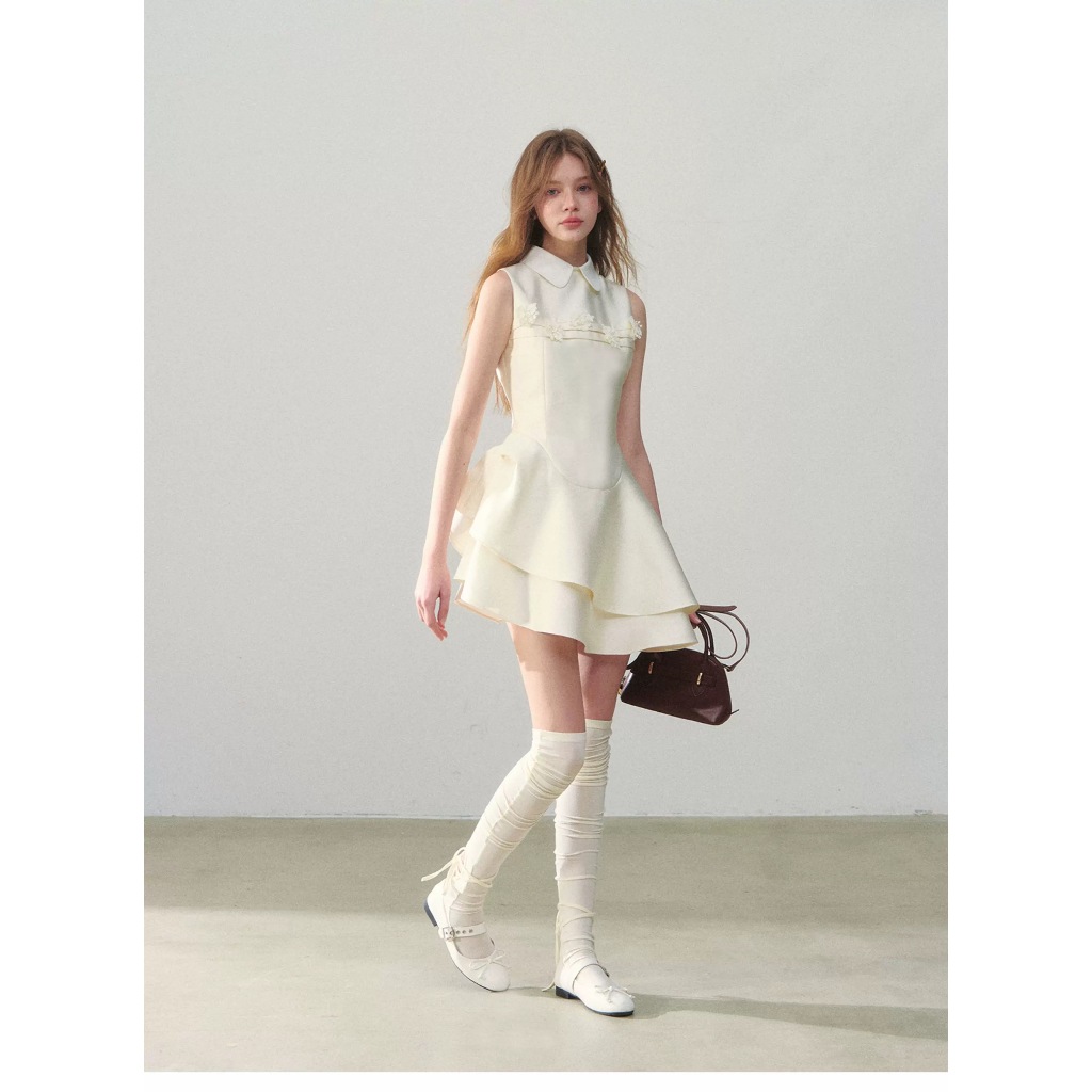 Đầm nữ cổ sen sát nách đính hoa, váy xòe tiểu thư HB.Studio D22