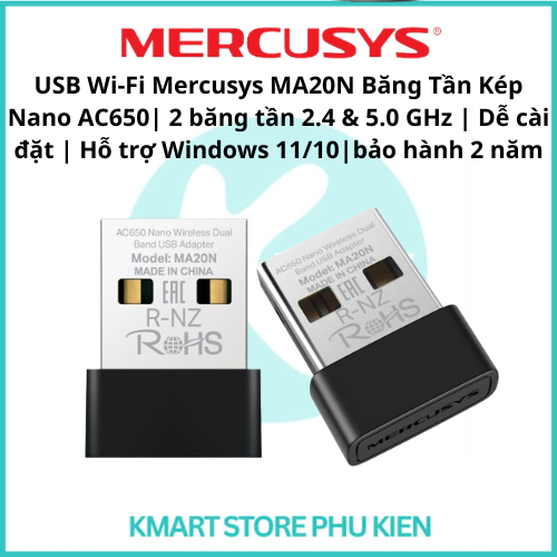 USB Wi-Fi Mercusys MA20N Băng Tần Kép Nano AC650| 2 băng tần 2.4 & 5.0 GHz | Dễ cài đặt | Hỗ trợ Win