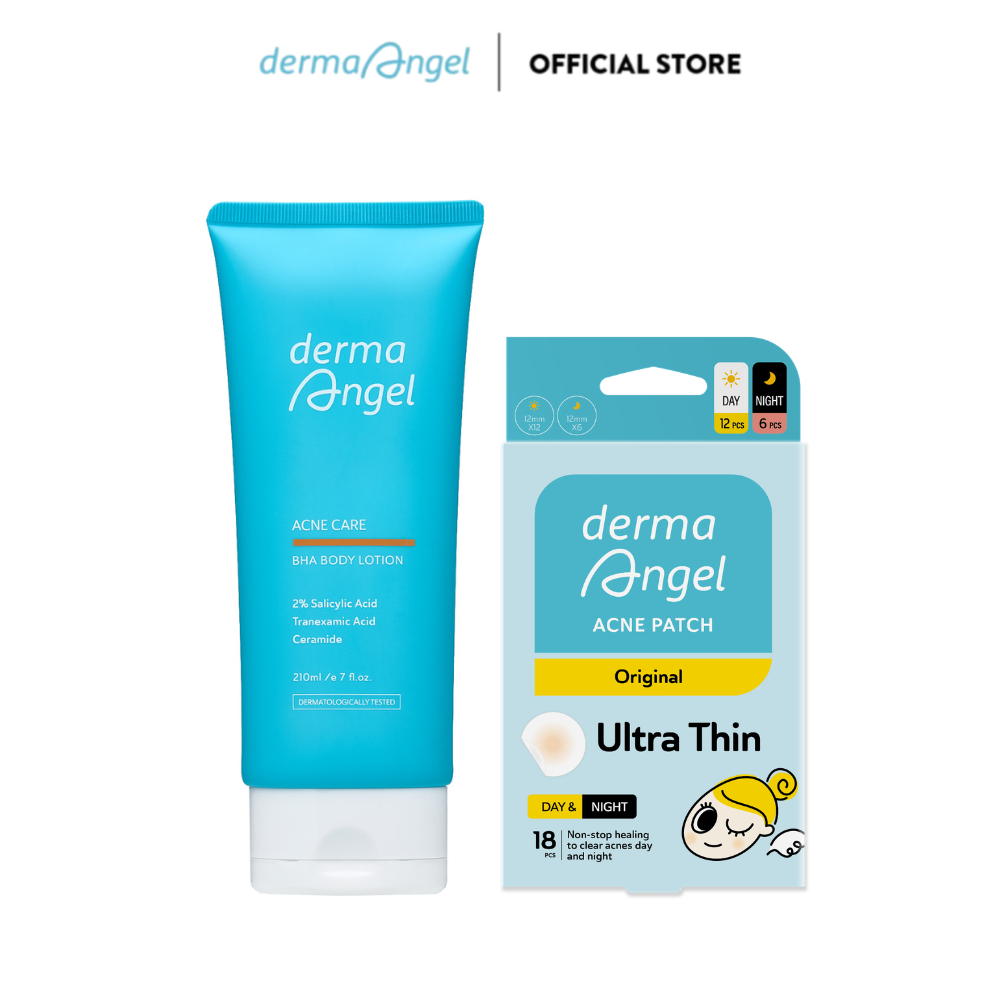 Combo Kem Dưỡng Thể Giảm Mụn Derma Angel 210ml & Miếng Dán Mụn Derma Angel Mix 18