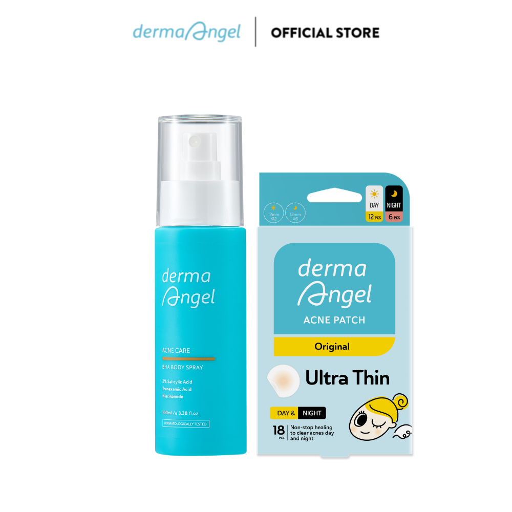 Combo Xịt Giảm Mụn Derma Angel Acne Care BHA Body Spray 100ml & Miếng Dán Mụn Derma Angel Mix 18