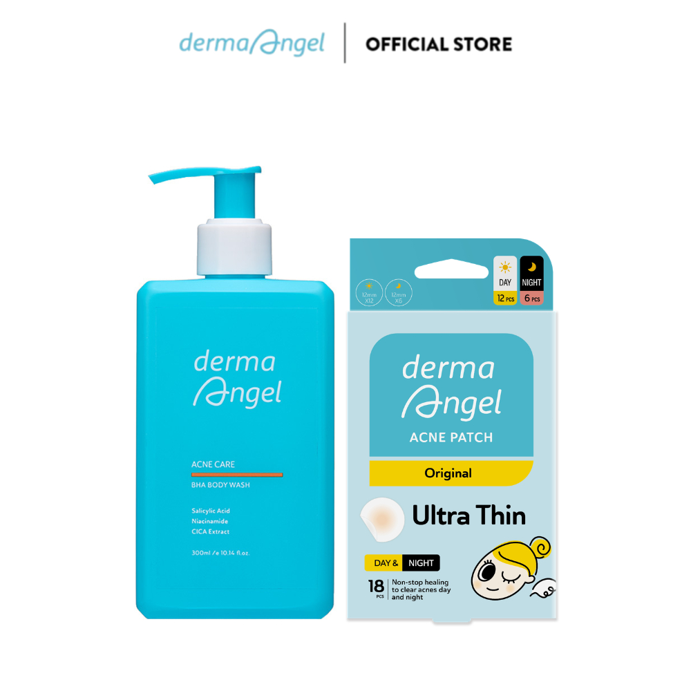 Combo Sữa Tắm Giảm Mụn Toàn Thân Derma Angel Acne Care BHA Body Wash 300ml & Miếng Dán Mụn Derma Ang