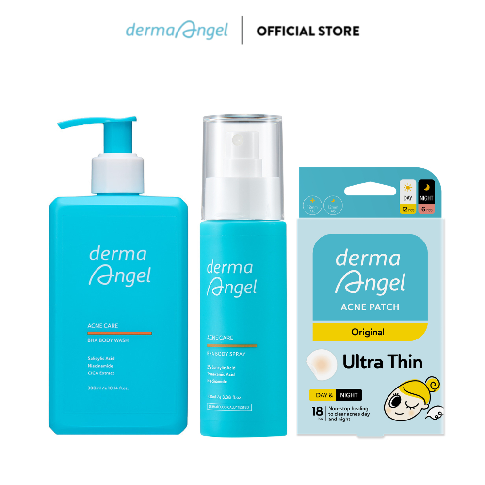 Combo Xịt Giảm Mụn 100ml & Sữa Tắm Giảm Mụn Derma Angel 300ml & Miếng Dán Mụn Derma Angel Mix 18