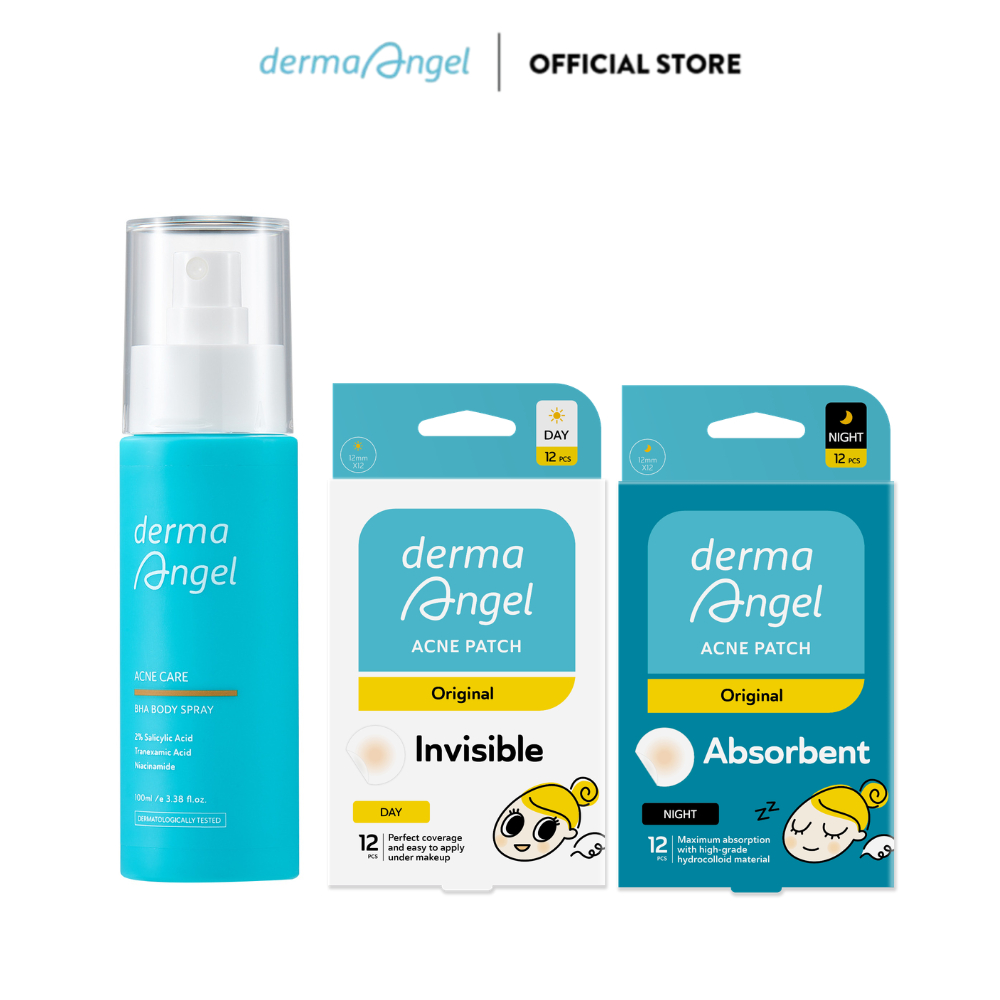 Combo Xịt Giảm Mụn Toàn Thân Derma Angel 100ml & Miếng Dán Mụn Derma Angel (Không Tiệt Trùng) - Day 