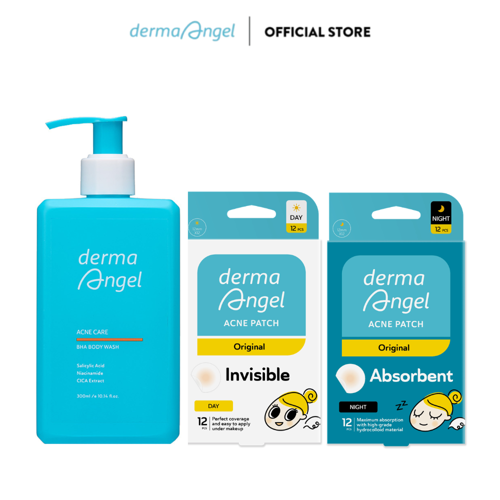 Combo Sữa Tắm Giảm Mụn Làm Sạch Da Toàn Thân Derma Angel 300ml & Miếng Dán Mụn Derma Angel - Day 12 