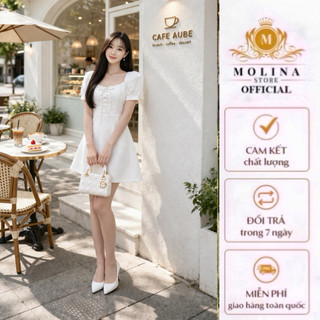 Đầm Rút Dây Cổ Thiết Kế Molina Chất Phi Lụa Dáng Chữ A Ngắn Tay Phồng