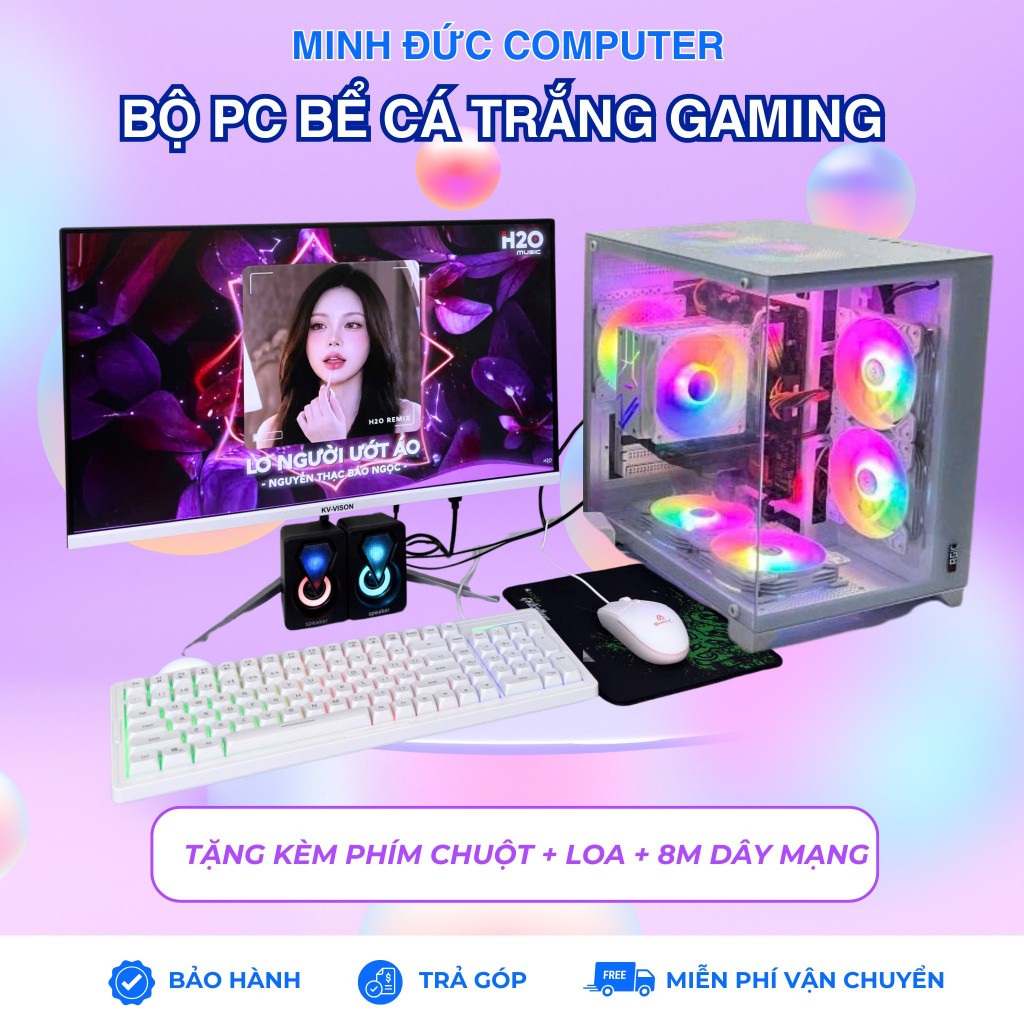 Bộ PC Gaming Case Vỏ Bể Cá Trắng RGB – Máy Tính Chơi Game / Làm Việc Full Set - Minh Đức PC