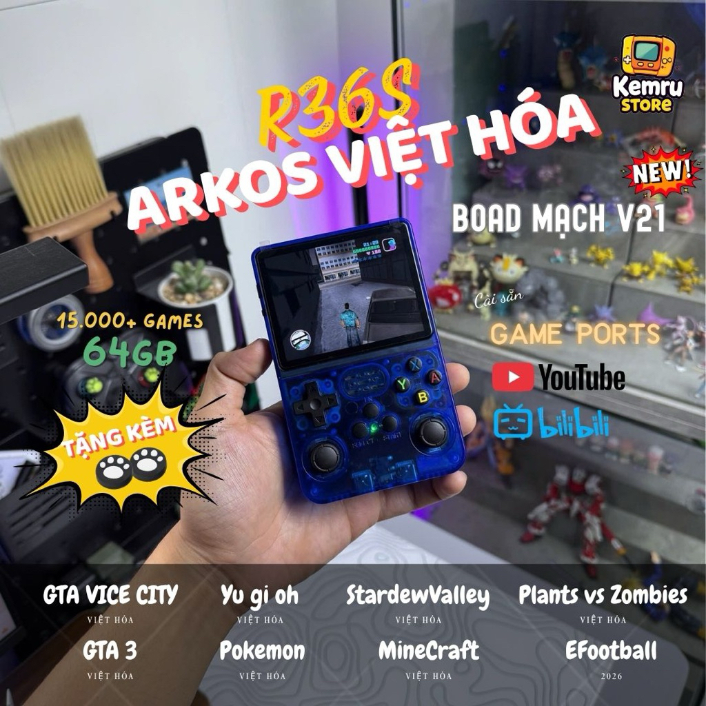 Máy chơi game R36s real, bản V21 cao cấp, 2 Ram chơi nhiều hệ máy pin 3000mah